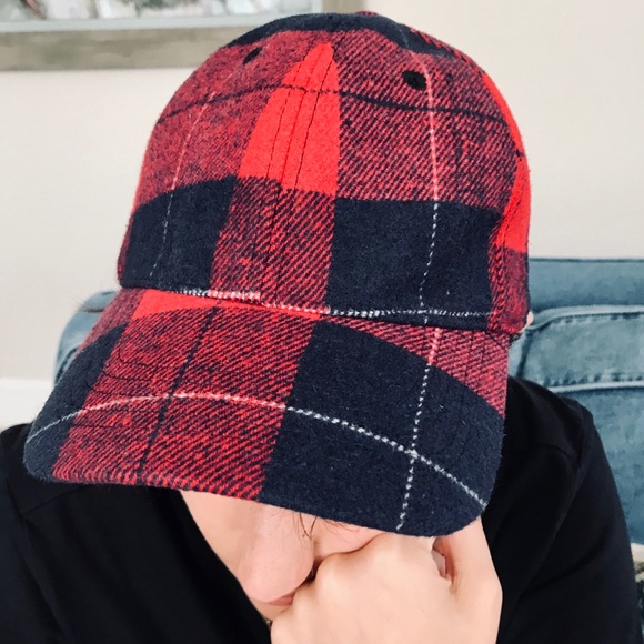 red plaid baseball cap